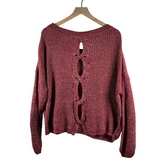 Express Women’s Cable Knit Split-Back Sweater – Burgundy/Maroon – Size L - Picture 2 of 6